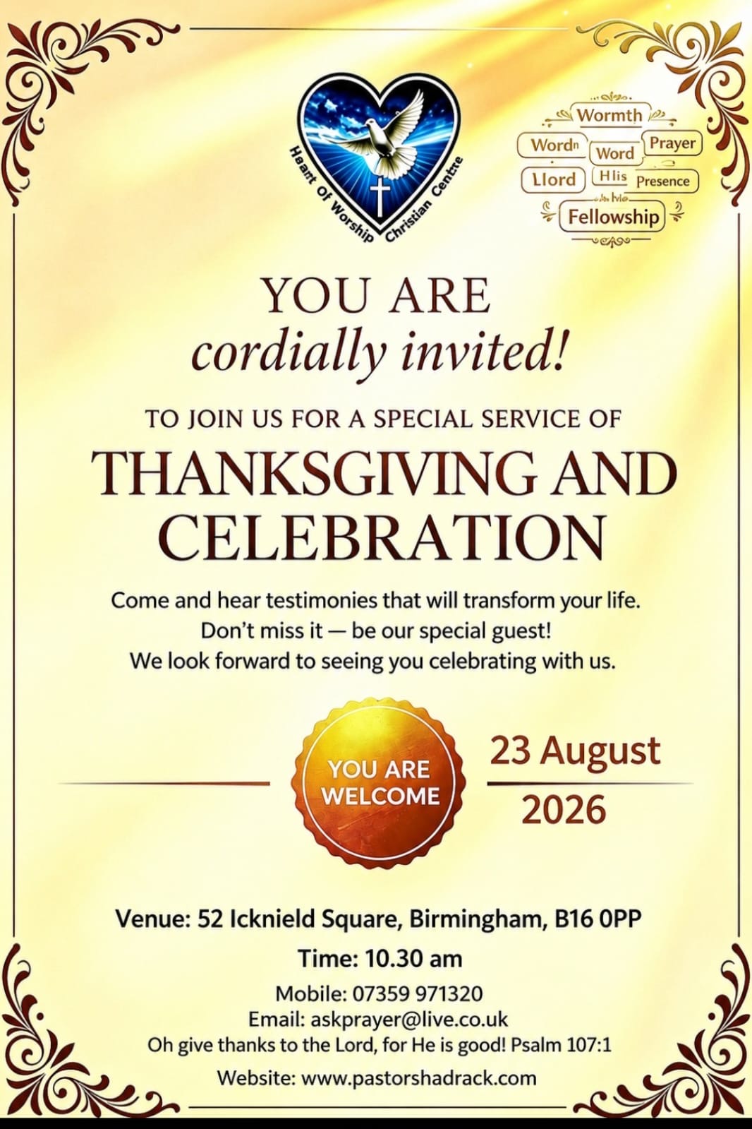 Gold and cream flyer: Thanksgiving and Celebration Service on 23 August 2026 at 10:30 am, 52 Icknield Square, Birmingham, B16 0PP