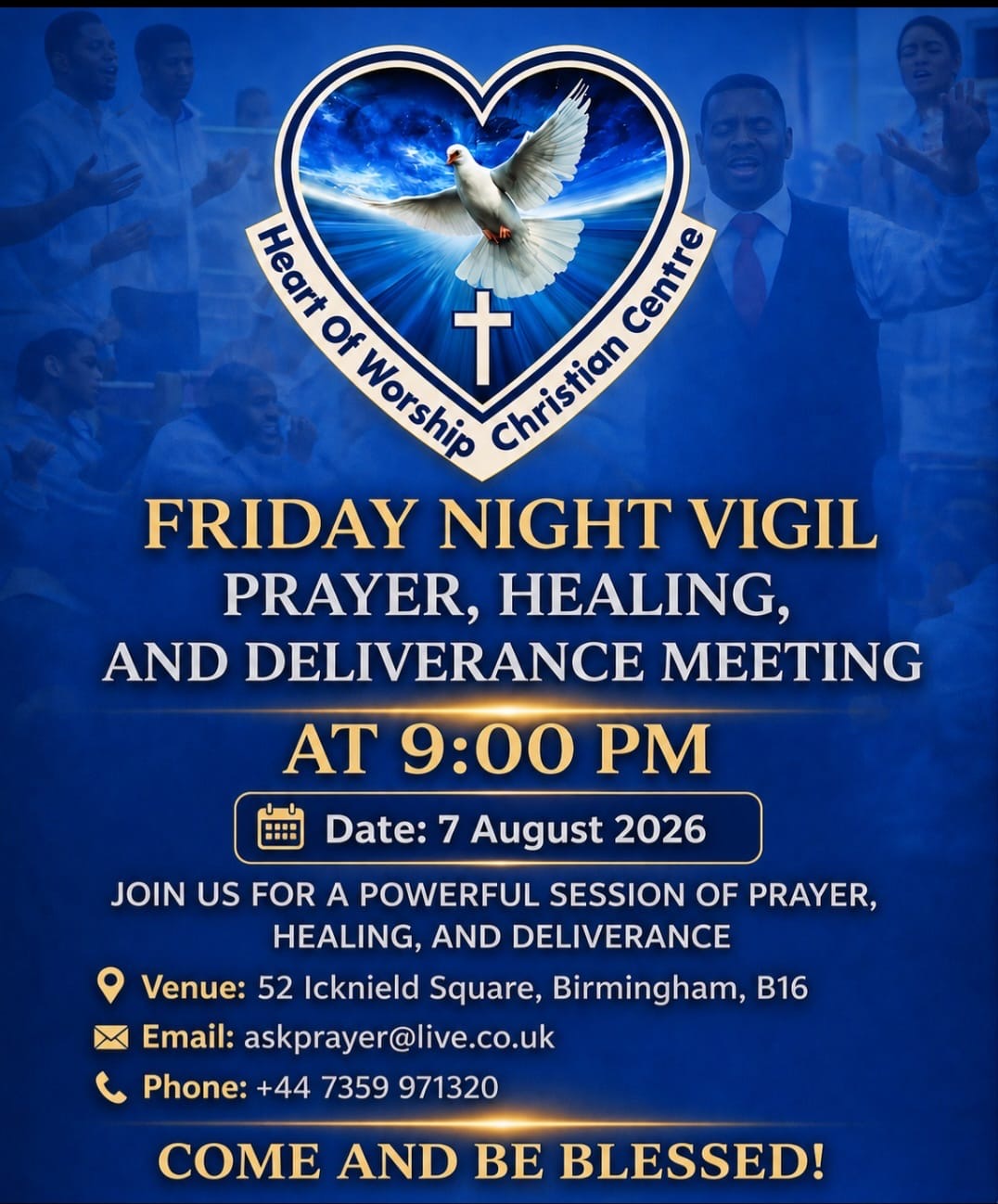 Friday Night Vigil flyer: prayer, healing and deliverance meeting at 9:00 PM on 7 August 2026