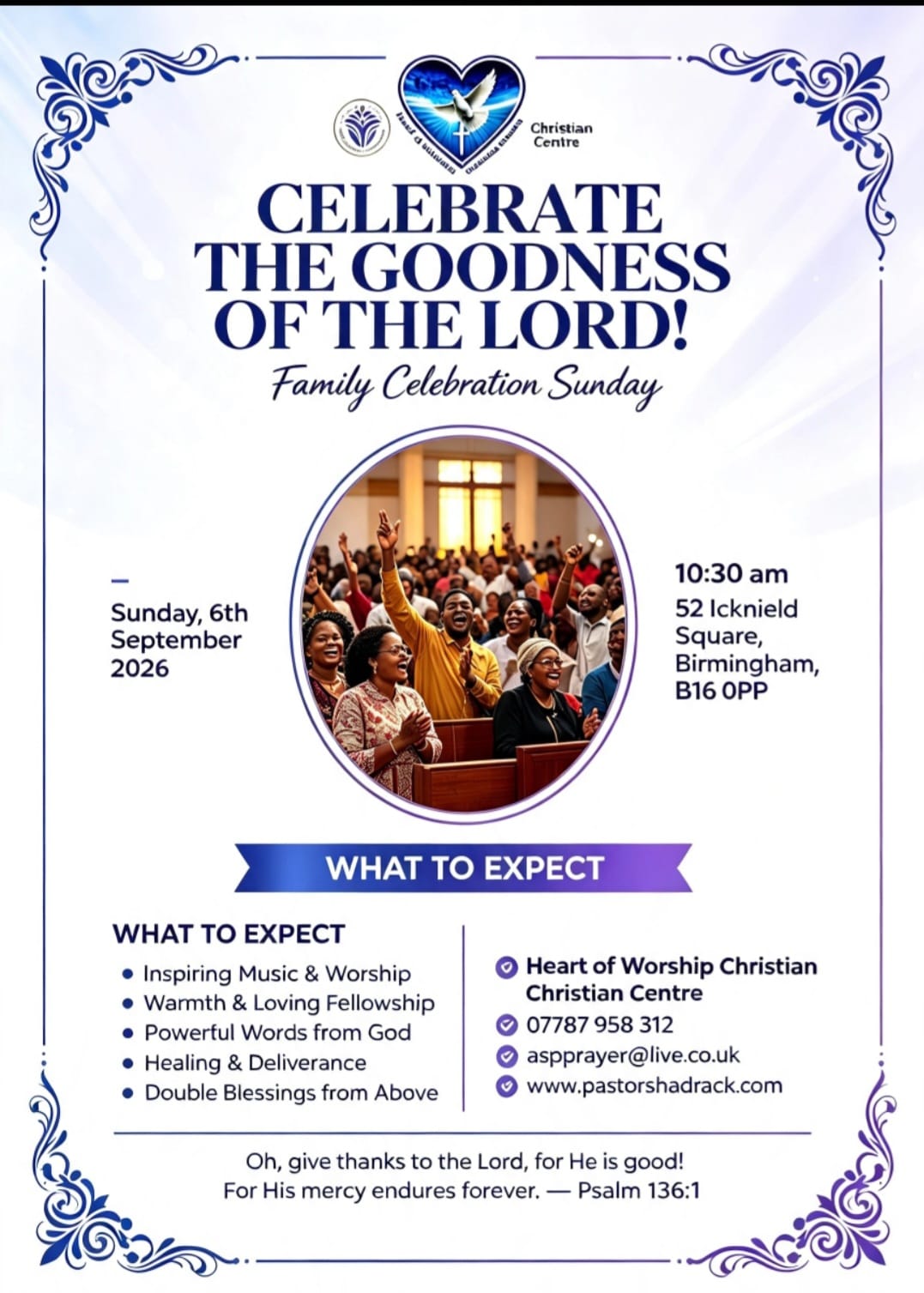 Blue and gold flyer: Celebrate the Goodness of the Lord, Family Celebration Sunday, 6 September 2026 at 10:30 am, 52 Icknield Square, Birmingham B16 0PP