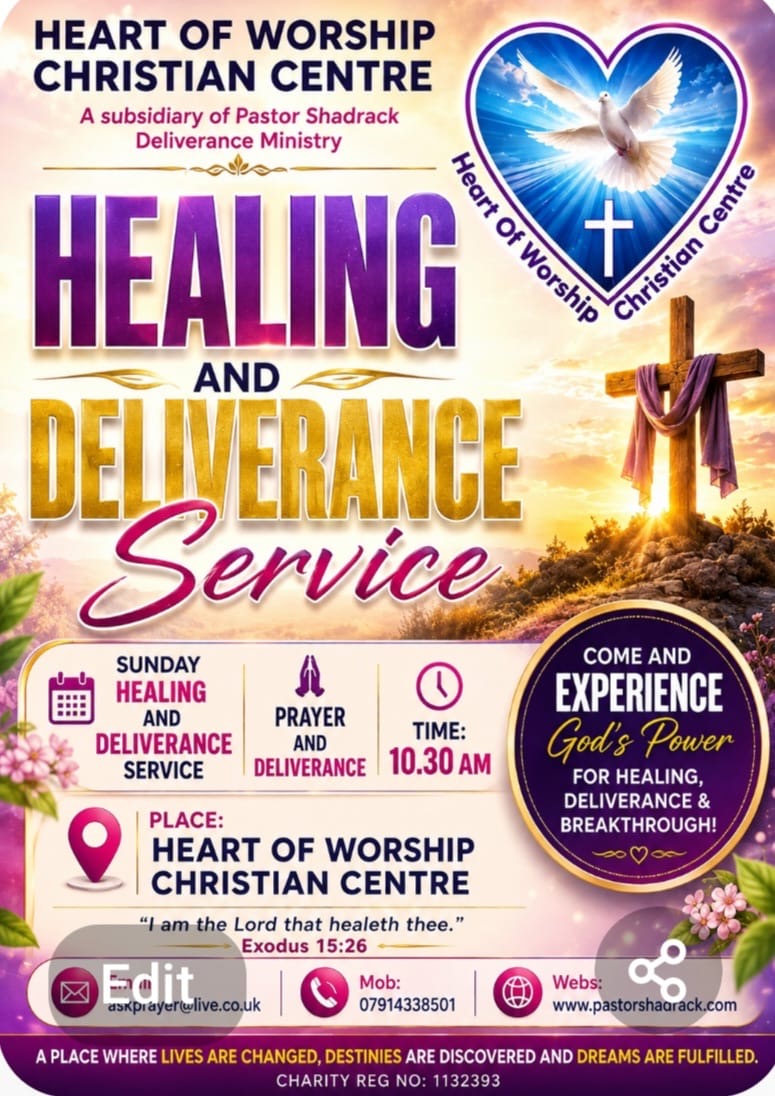 Heart of Worship Christian Centre flyer in purple and gold: Sunday Healing and Deliverance Service, prayer and deliverance at 10:30 AM
