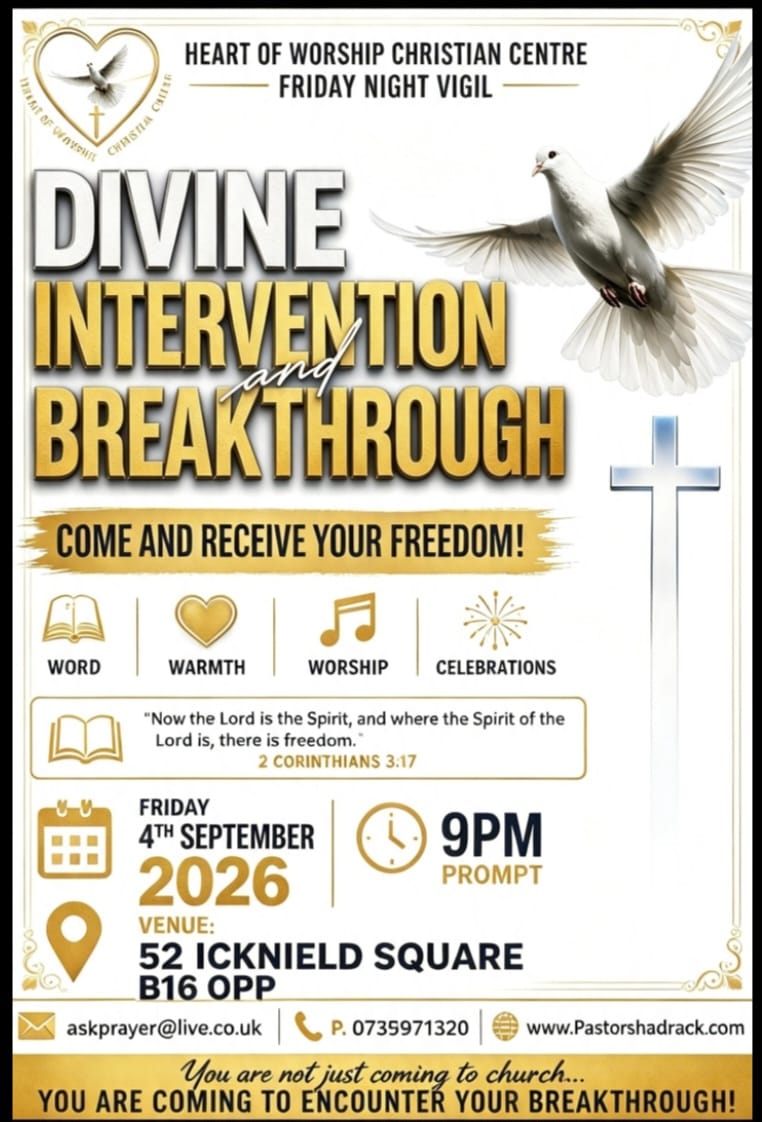 White and gold flyer: Divine Intervention and Breakthrough Friday Night Vigil, Friday 4 September 2026 at 9PM, 52 Icknield Square, Birmingham B16 0PP